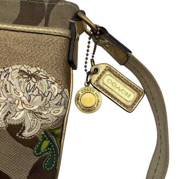 Coach Signature Canvas Monogram Embroidered Floral Sling Crossbody Bag Tan Gold - Picture 3 of 8